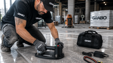 contractor using suction cup lifter to install large format tile