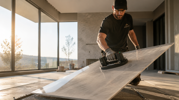 contractor using Grabo Pro Lifter 2.0 on tile installation job site